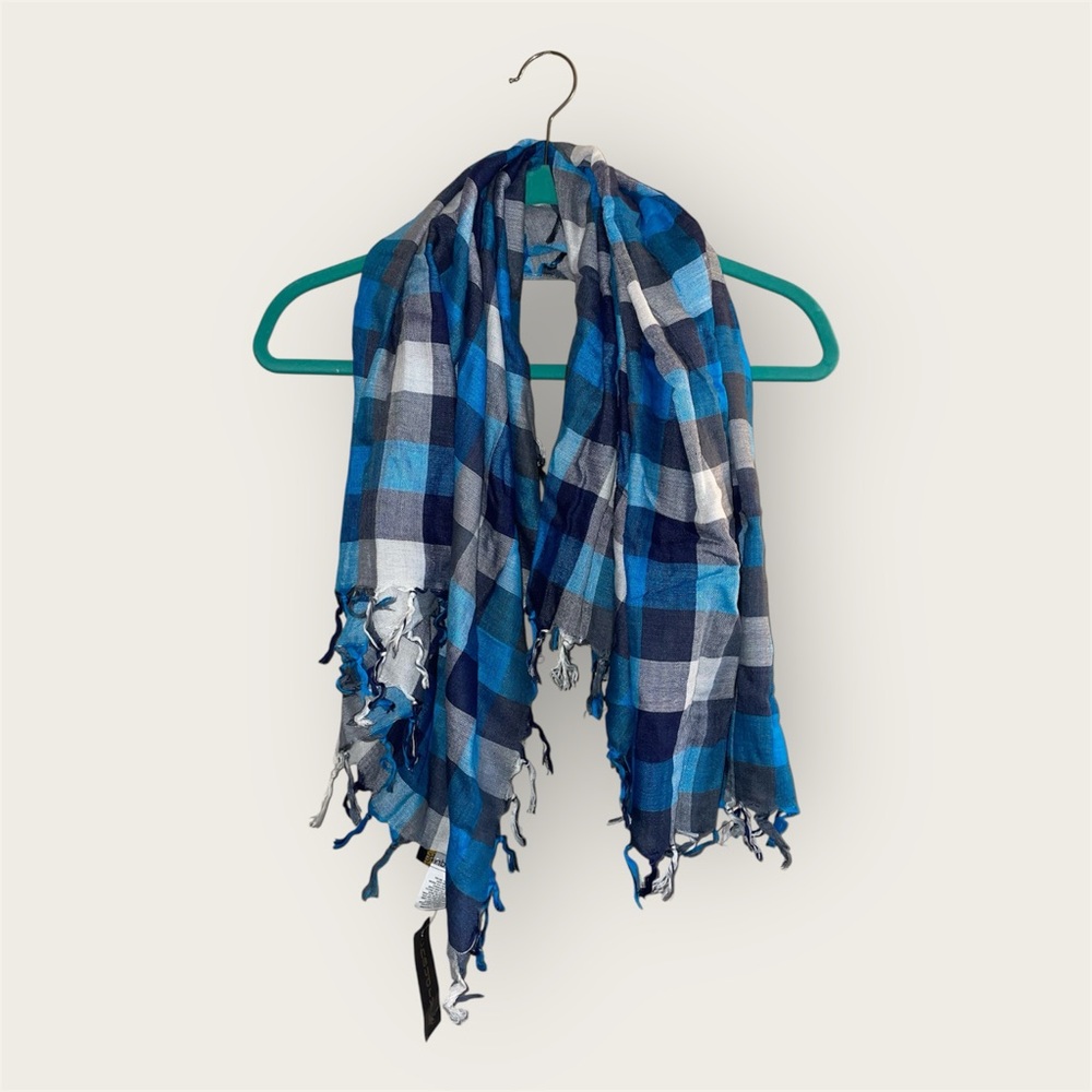 Chaudry Blue Plaid Fringed Scarf with Gray Blue and White Strands